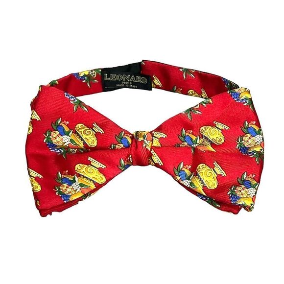 Leonard Paris Bow Tie Red Floral 100% Silk Adjustable - Picture 1 of 6